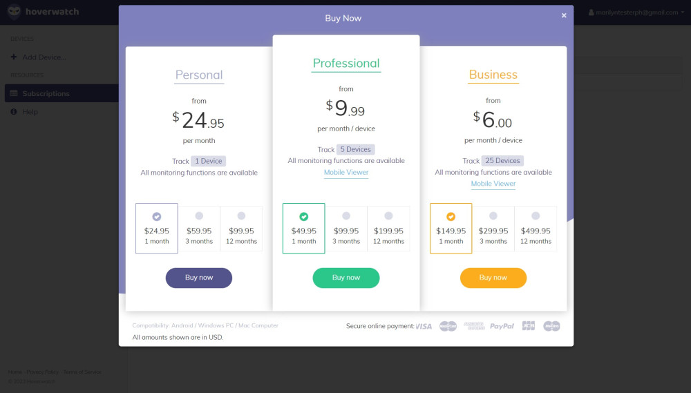 Purchasing Hoverwatch premium plan while on free trial